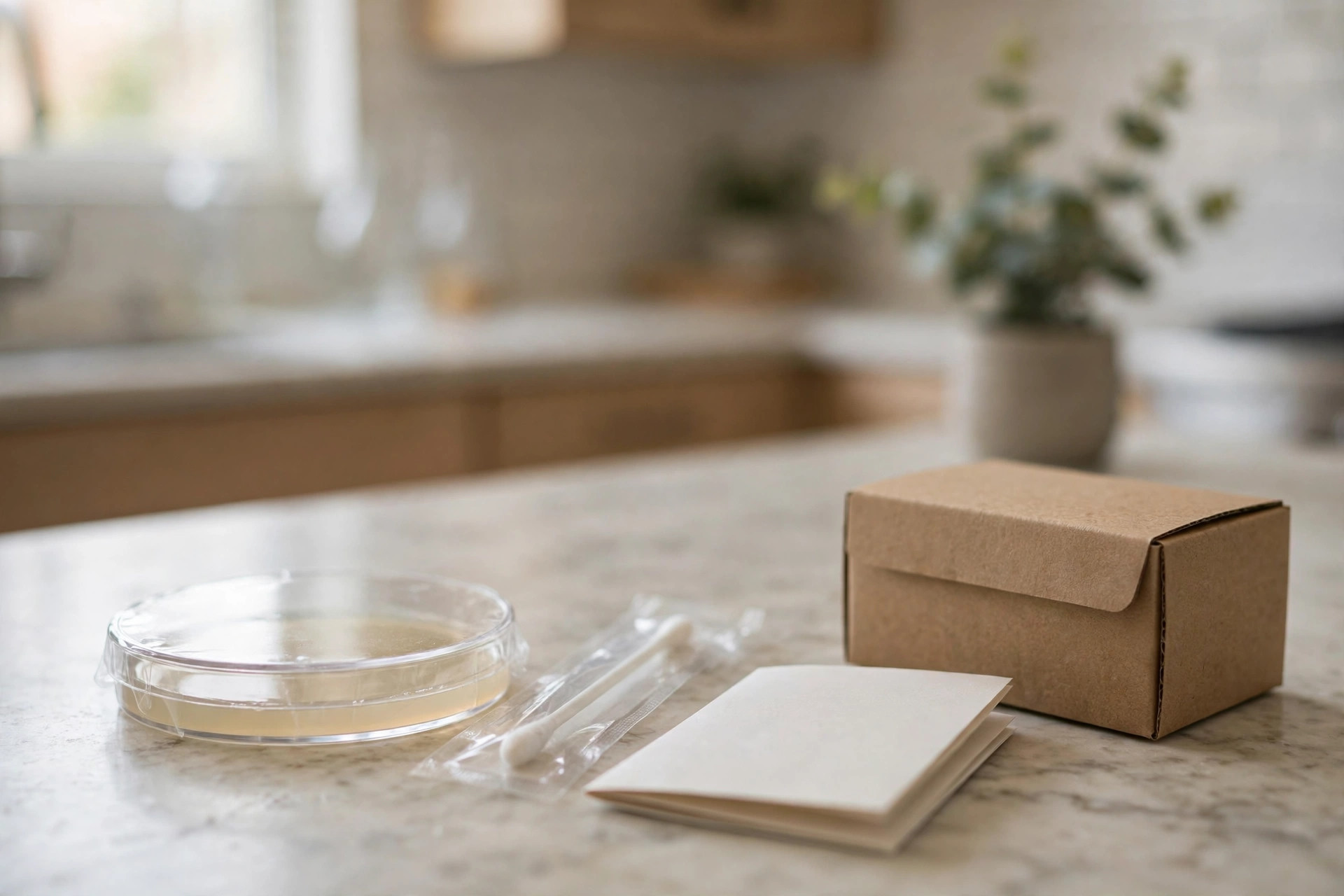 DIY mold test kit with a petri dish and sampling swab on a kitchen counter