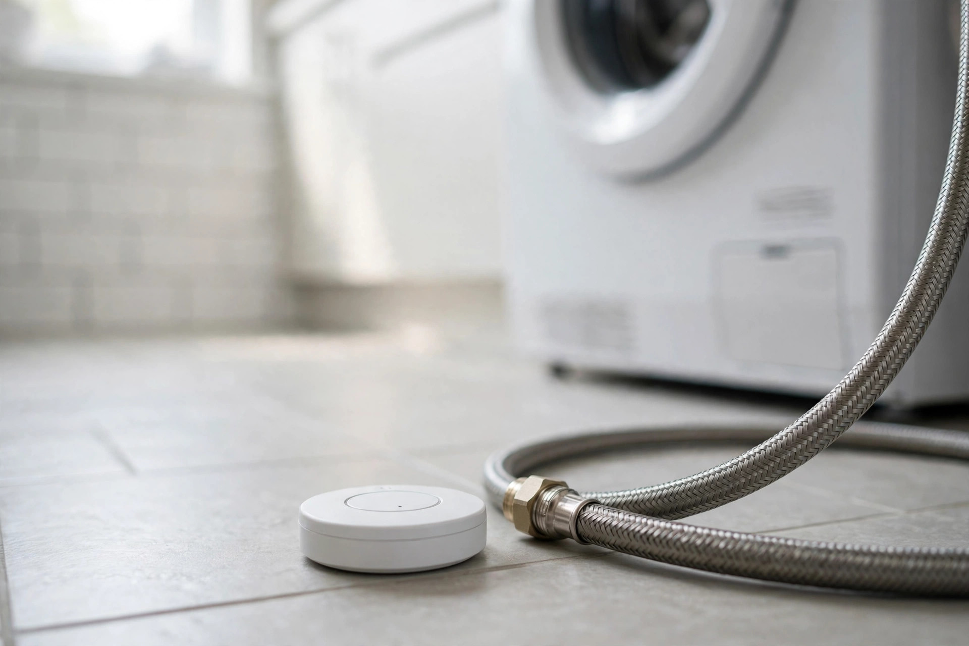 Smart water leak detector sensor on a laundry room floor next to a washing machine hose
