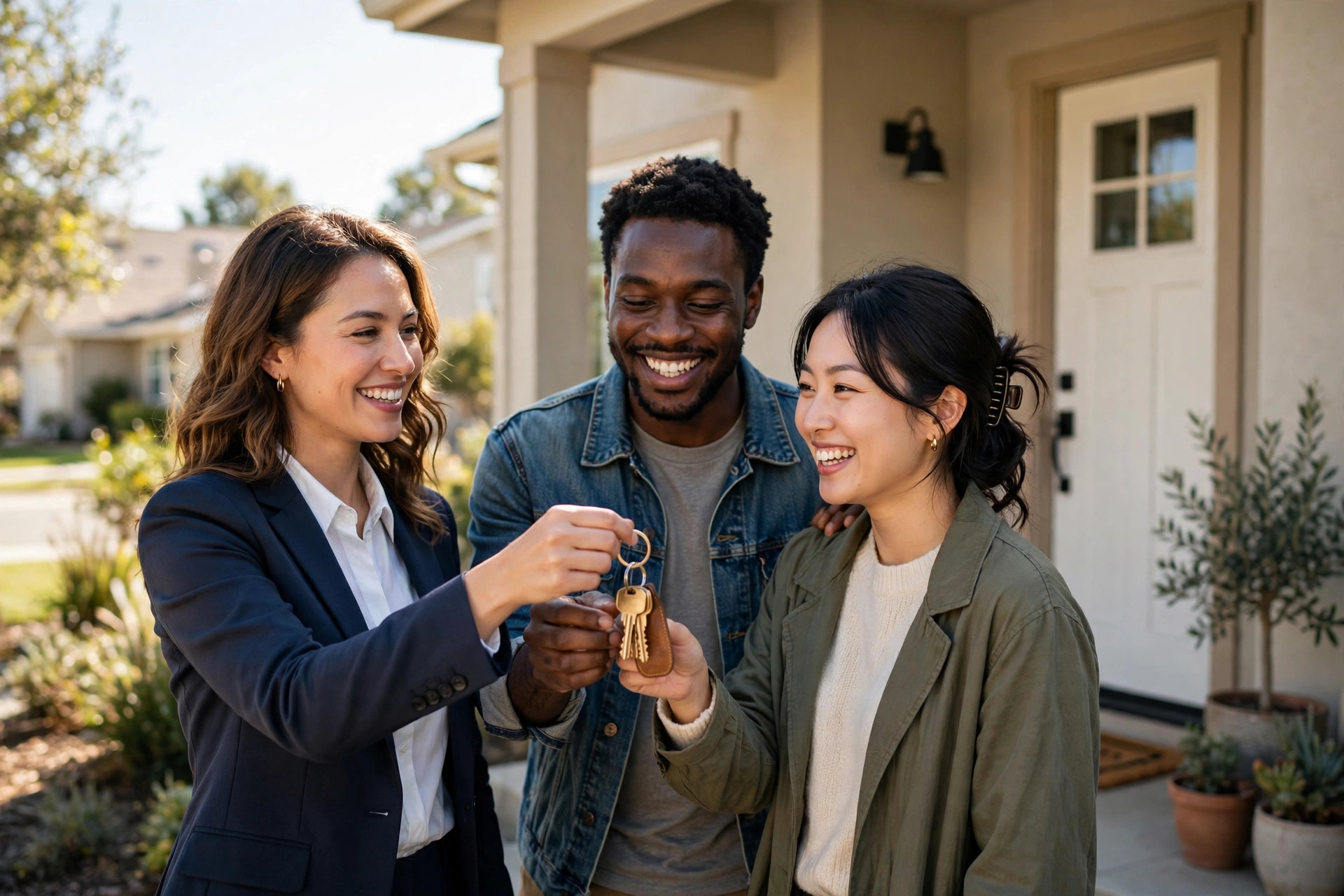 A couple receiving the keys to their new home from their realtor