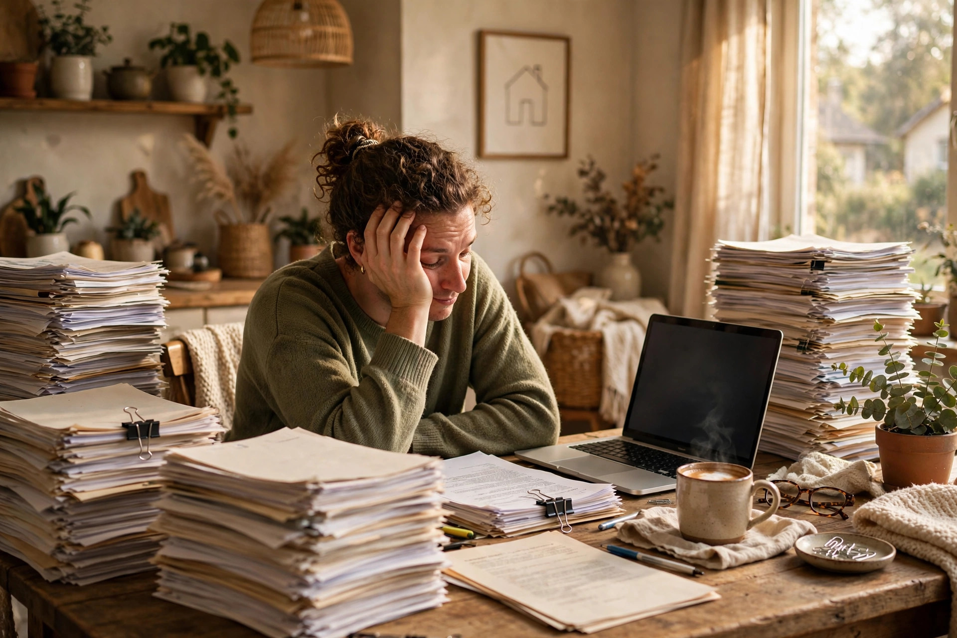 A homebuyer surrounded by stacks of mortgage and closing paperwork