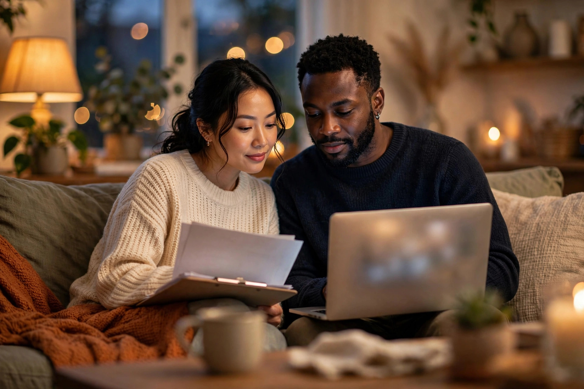 A couple reviewing home inspection papers together on their couch