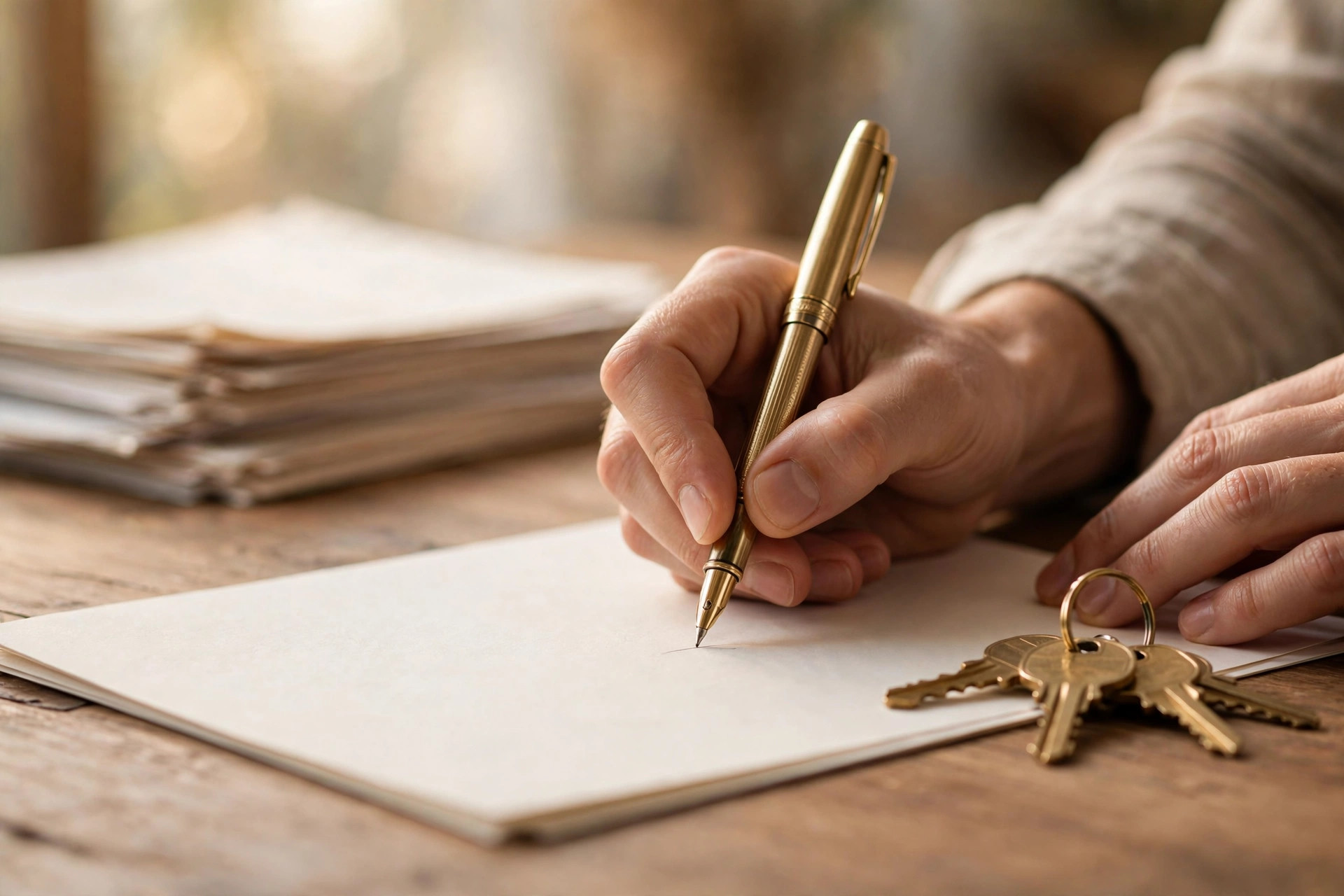 Hands signing closing documents with house keys beside the papers