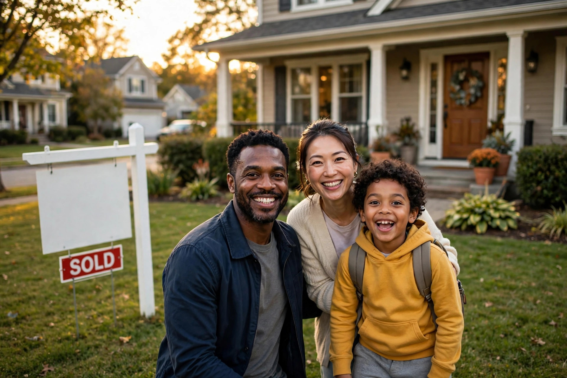 A family celebrating in front of their new home with a sold sign