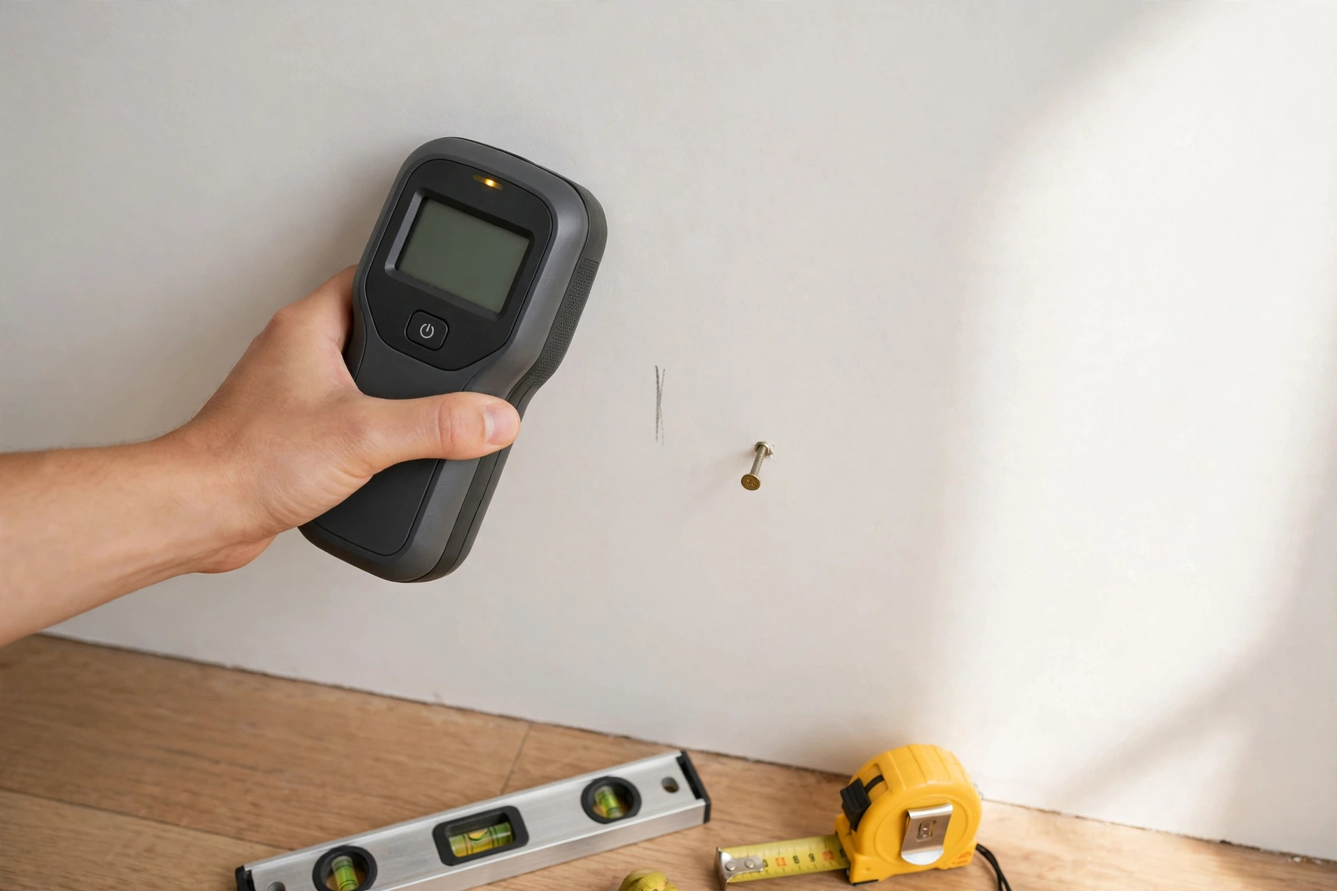 Hand holding a stud finder against a drywall wall beside a pencil mark and a nail