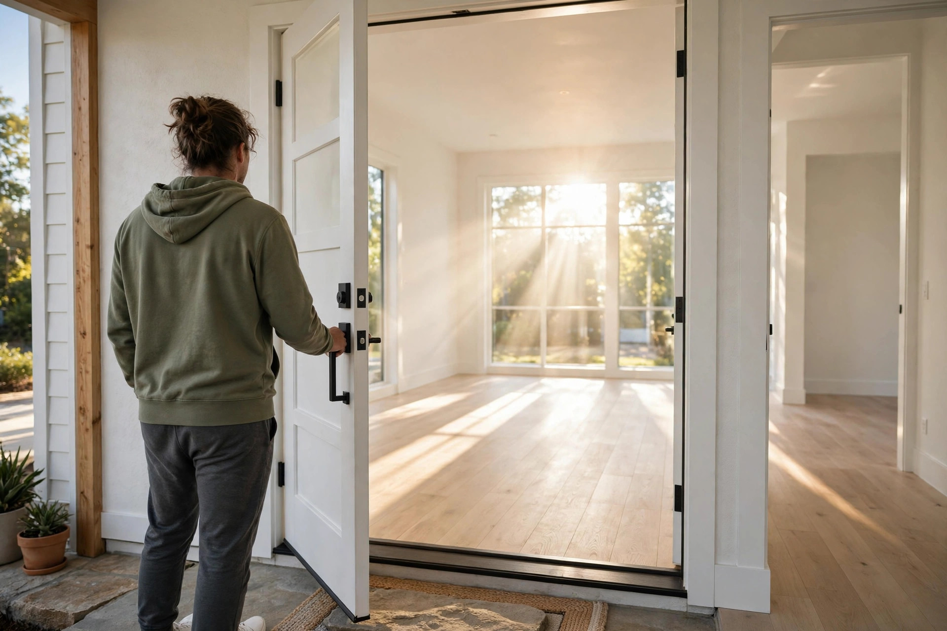 Opening the front door into a bright, empty new home